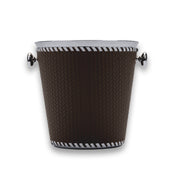 Dark brown bucket viewed level, the polished steel rim showing above the laced leather collar