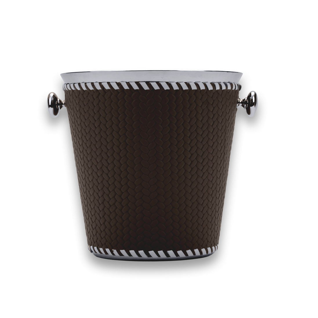 Dark brown bucket viewed level, the polished steel rim showing above the laced leather collar