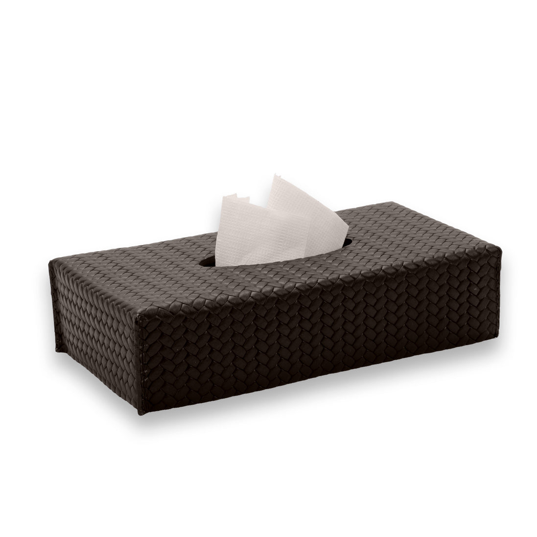 Dark brown cover seen whole, only 6 cm high with the tissue standing above the centre slot