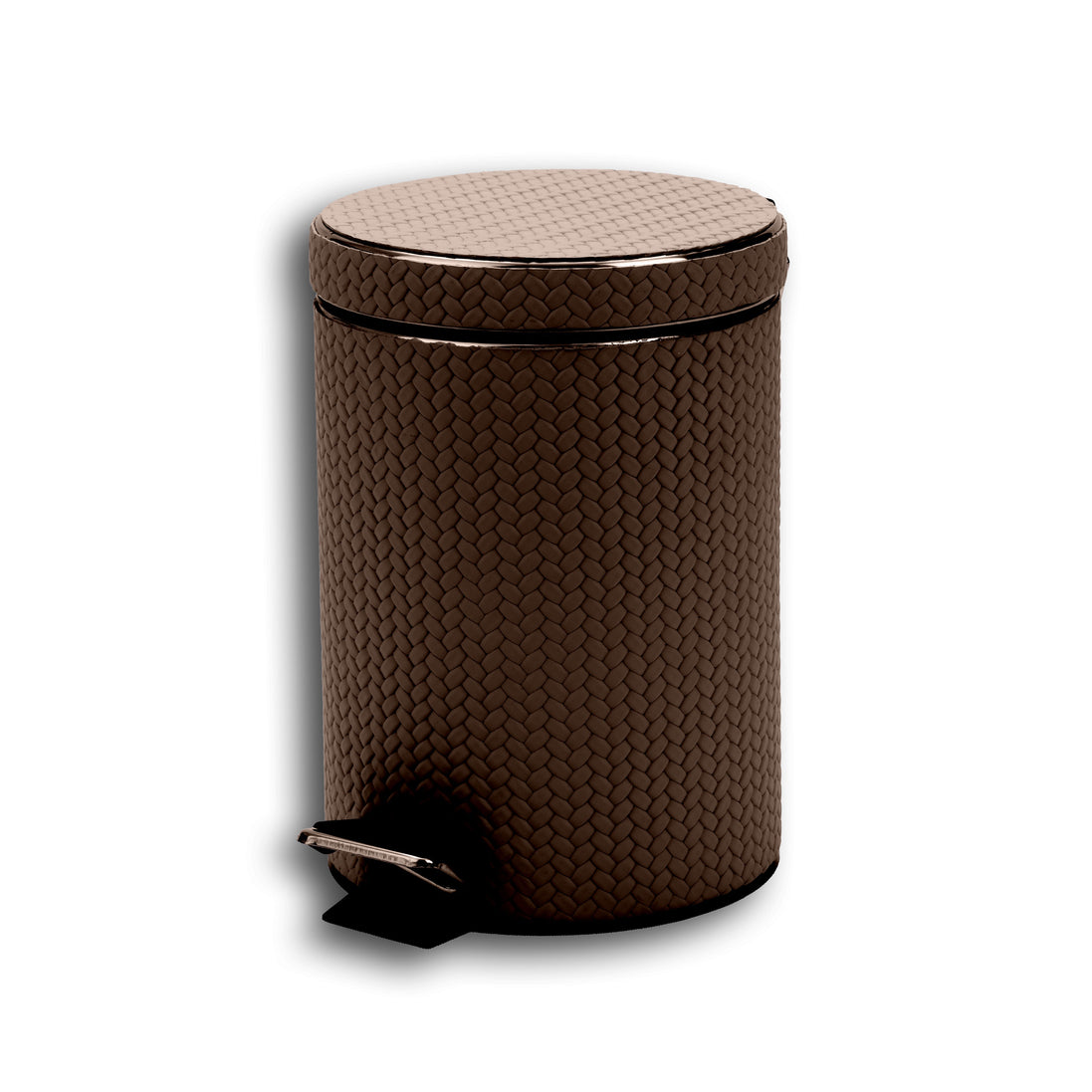 Brown 3 litre pedal bin, 20 × 20 × 24 cm, full-grain leather over a steel inner body