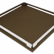 Brown 37 × 37 cm tray, warm full-grain leather floor set inside polished steel rails