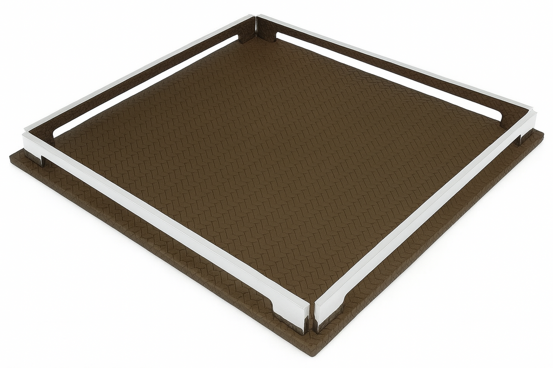 Brown 37 × 37 cm tray, warm full-grain leather floor set inside polished steel rails