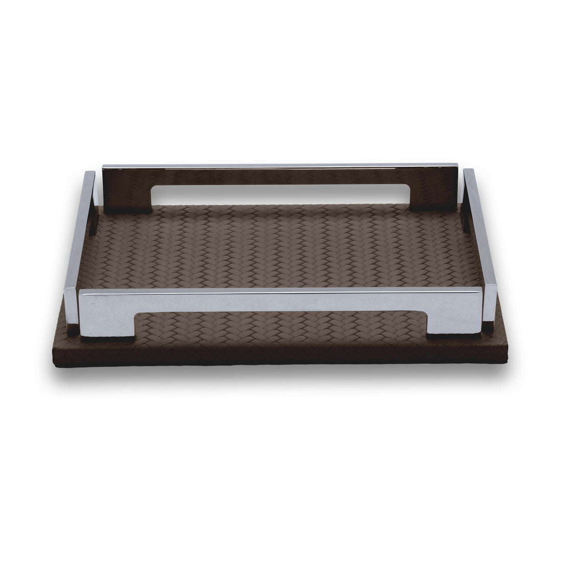 The brown 25 × 19 cm tray in full, steel handle rails standing above the woven-embossed leather floor