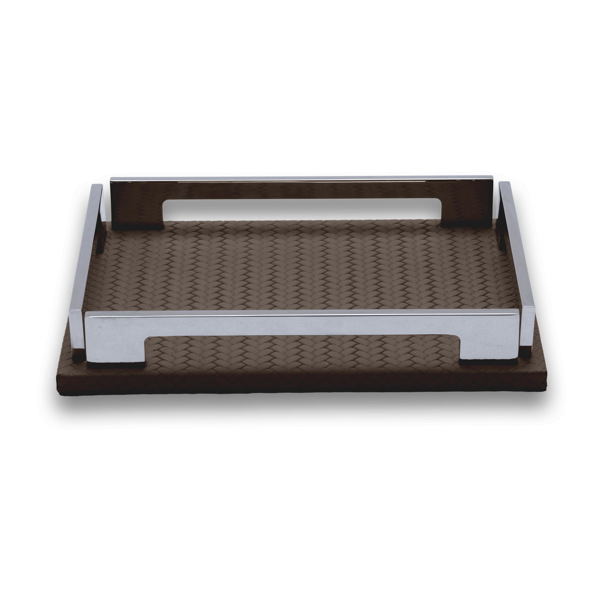 The brown 25 × 19 cm tray in full, steel handle rails standing above the woven-embossed leather floor