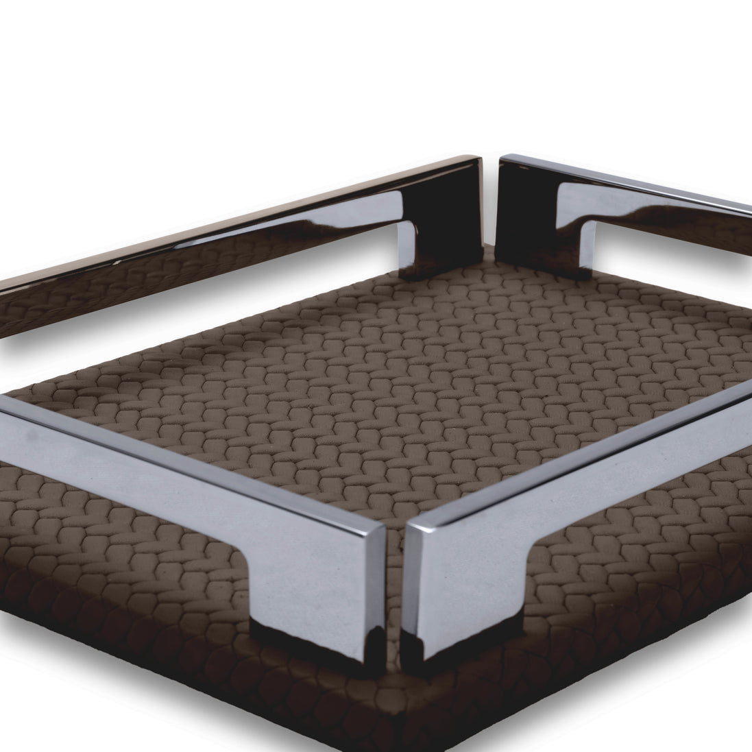 Near corner of the brown tray, two polished steel brackets braced against the 1 cm leather base