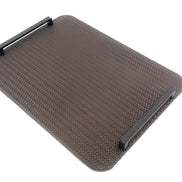 Brown 48 cm tray tilted away from the viewer, black steel handles at opposite corners above the 1 cm leather panel