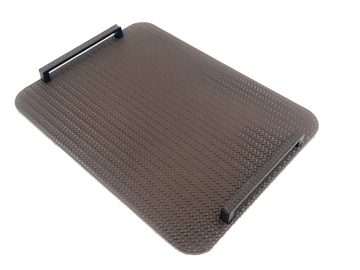 Brown 48 cm tray tilted away from the viewer, black steel handles at opposite corners above the 1 cm leather panel