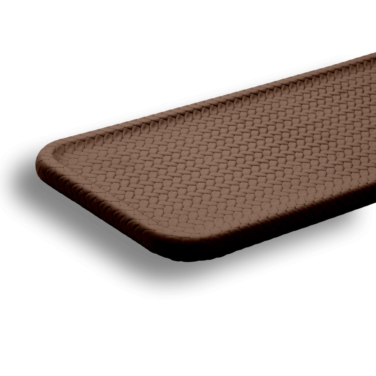 Close on a rounded corner of the brown 35.5 cm slim tray, woven-embossed leather over its 1 cm steel core