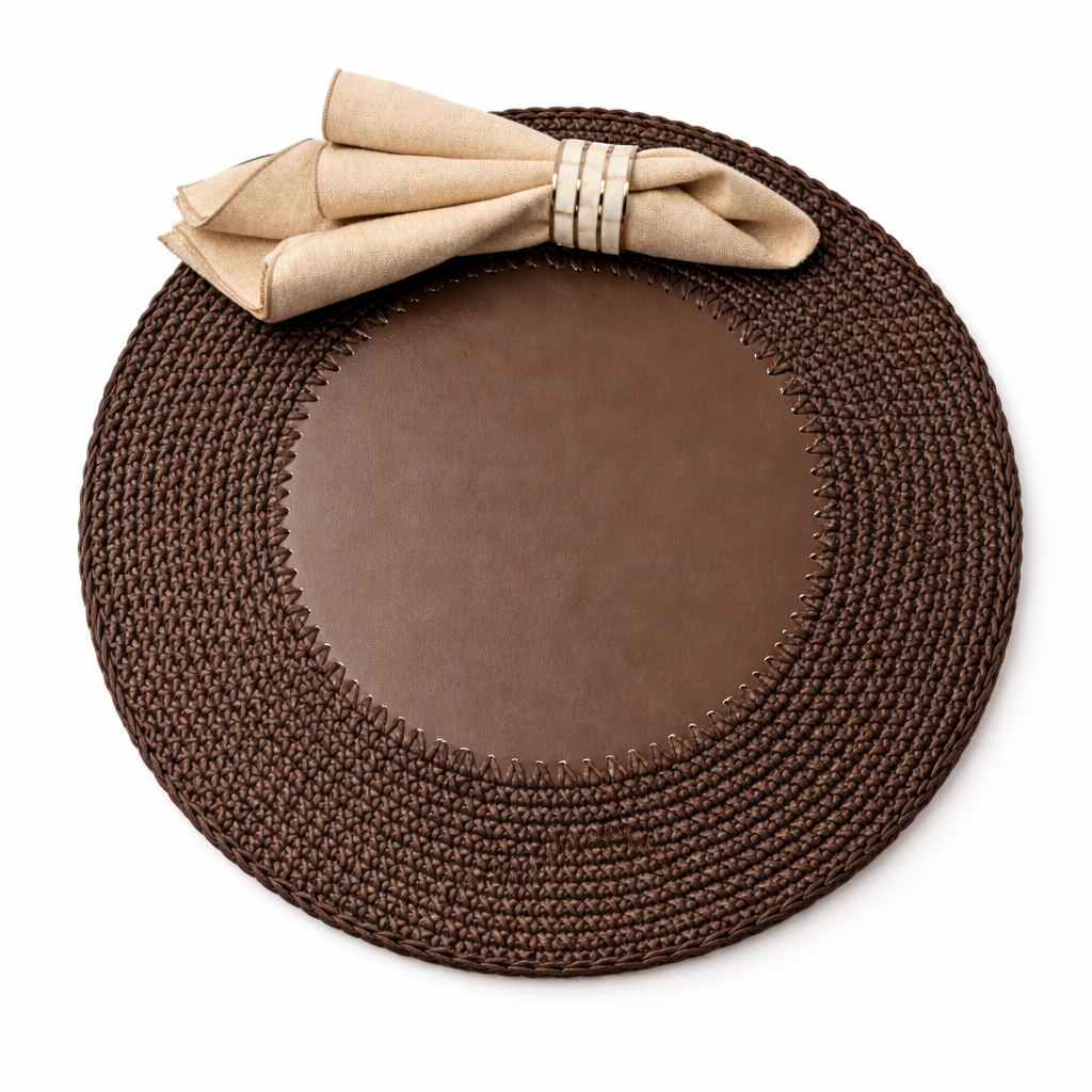 Brown 36 cm placemat from above, a linen napkin ringed in cord resting on the smooth leather centre