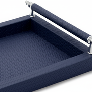 Beige 31 × 21 cm serving tray with its leather-wrapped rails on polished steel posts