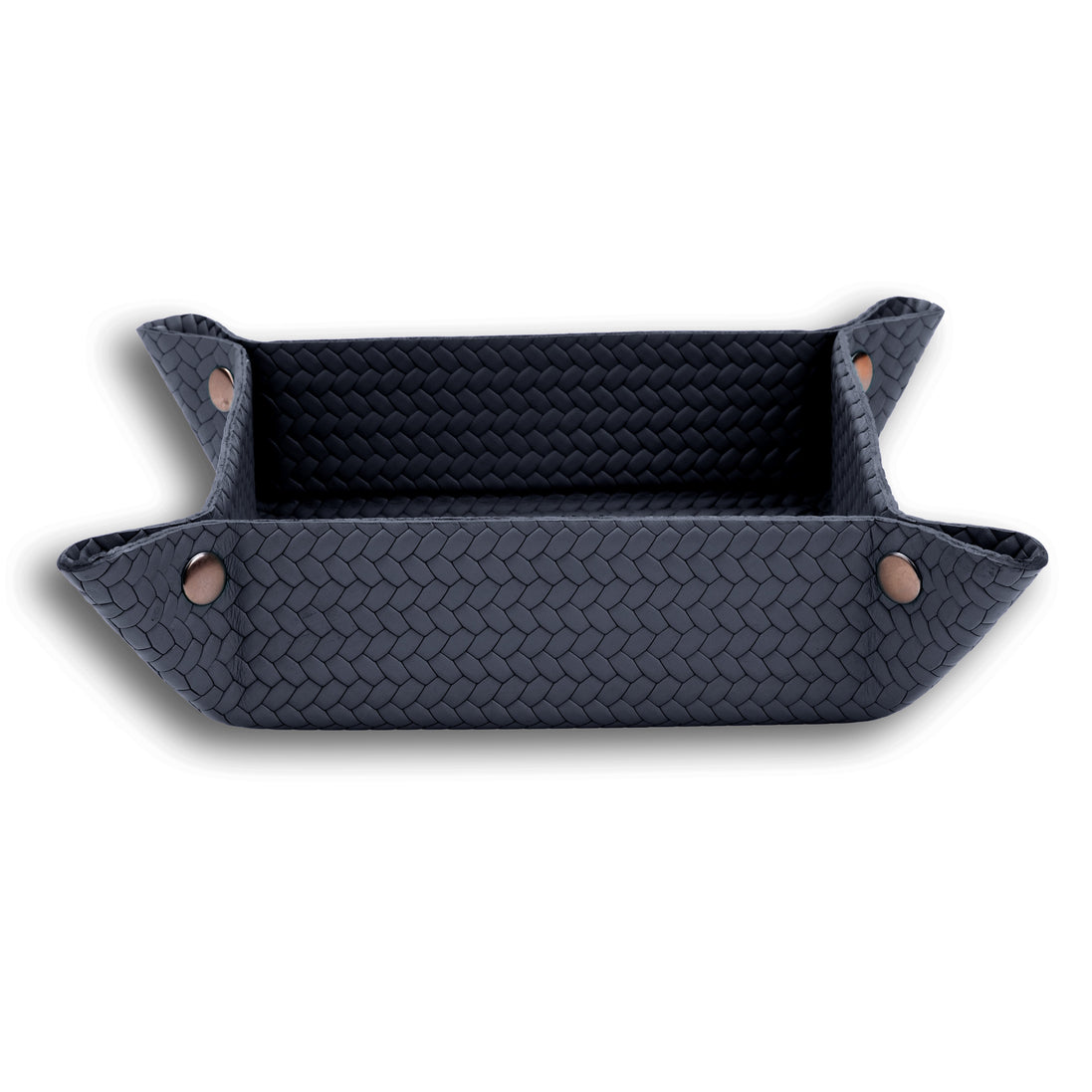 Navy tray square on, bronze-toned studs closing the 6 cm walls