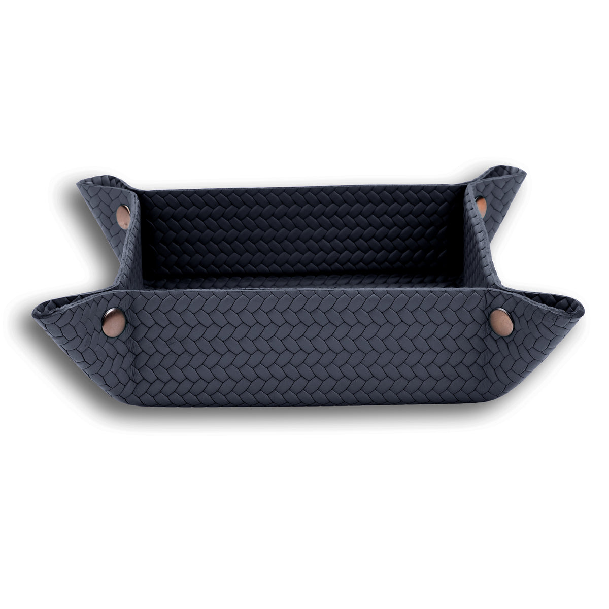Navy tray square on, bronze-toned studs closing the 6 cm walls