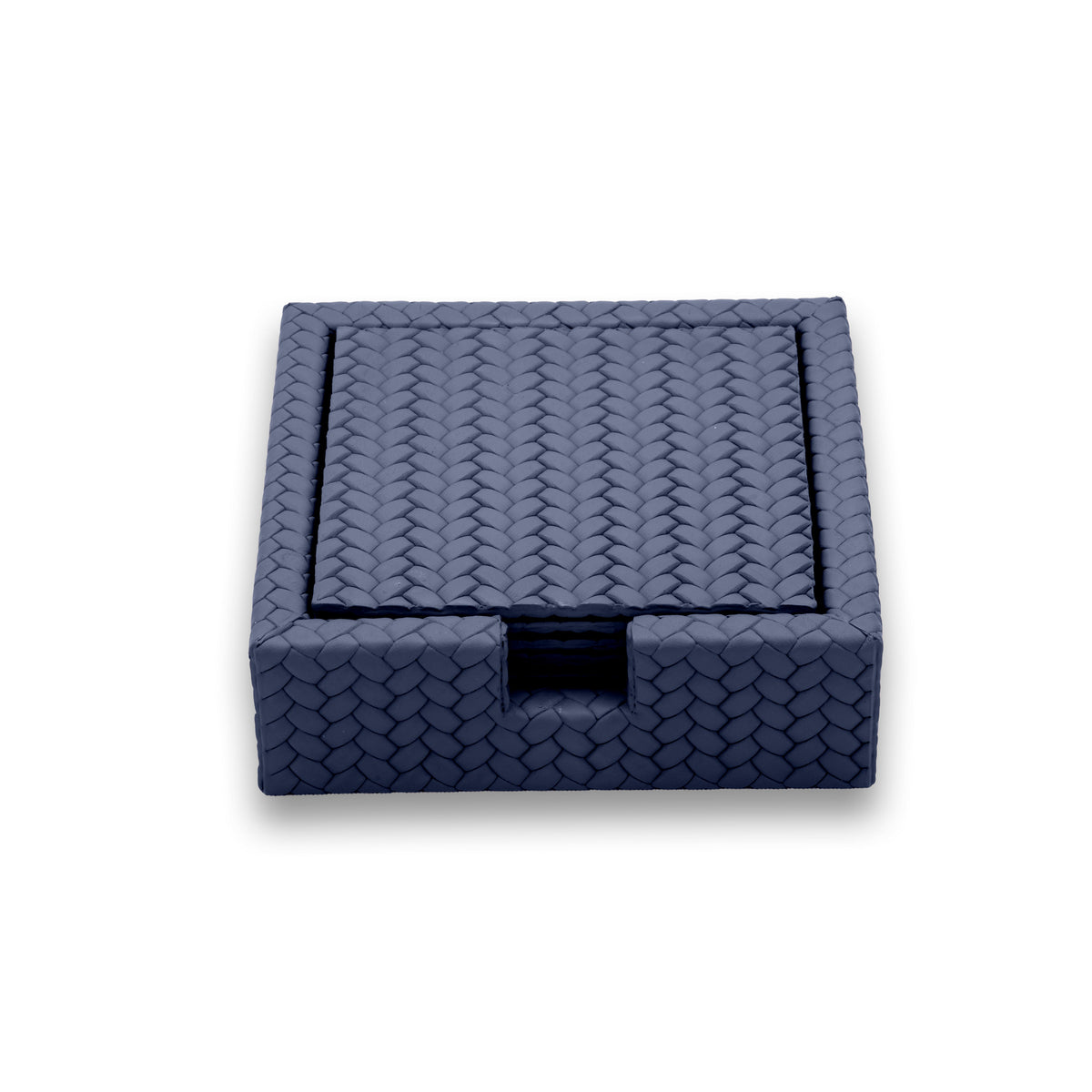 Navy 13 × 13 cm square leather coasters in their woven-embossed holder, finger notch cut at the front