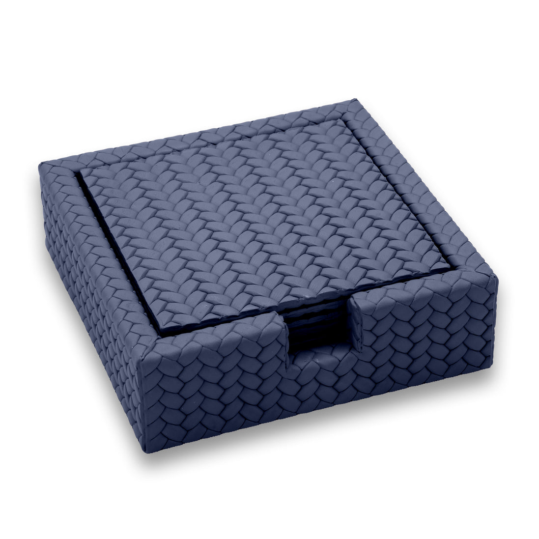 The navy 13 cm coaster holder from above left, six discs seated beneath the top coaster