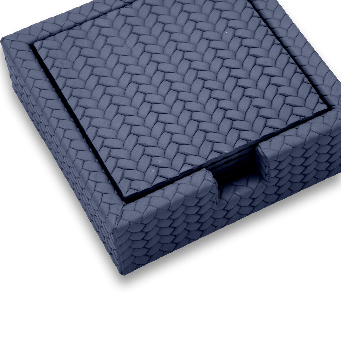 Close on the navy coaster holder, 13 cm woven-embossed leather at full scale with the notch at the corner