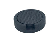 The navy coaster holder from a higher angle, the top Ø 10 cm disc seated flush inside