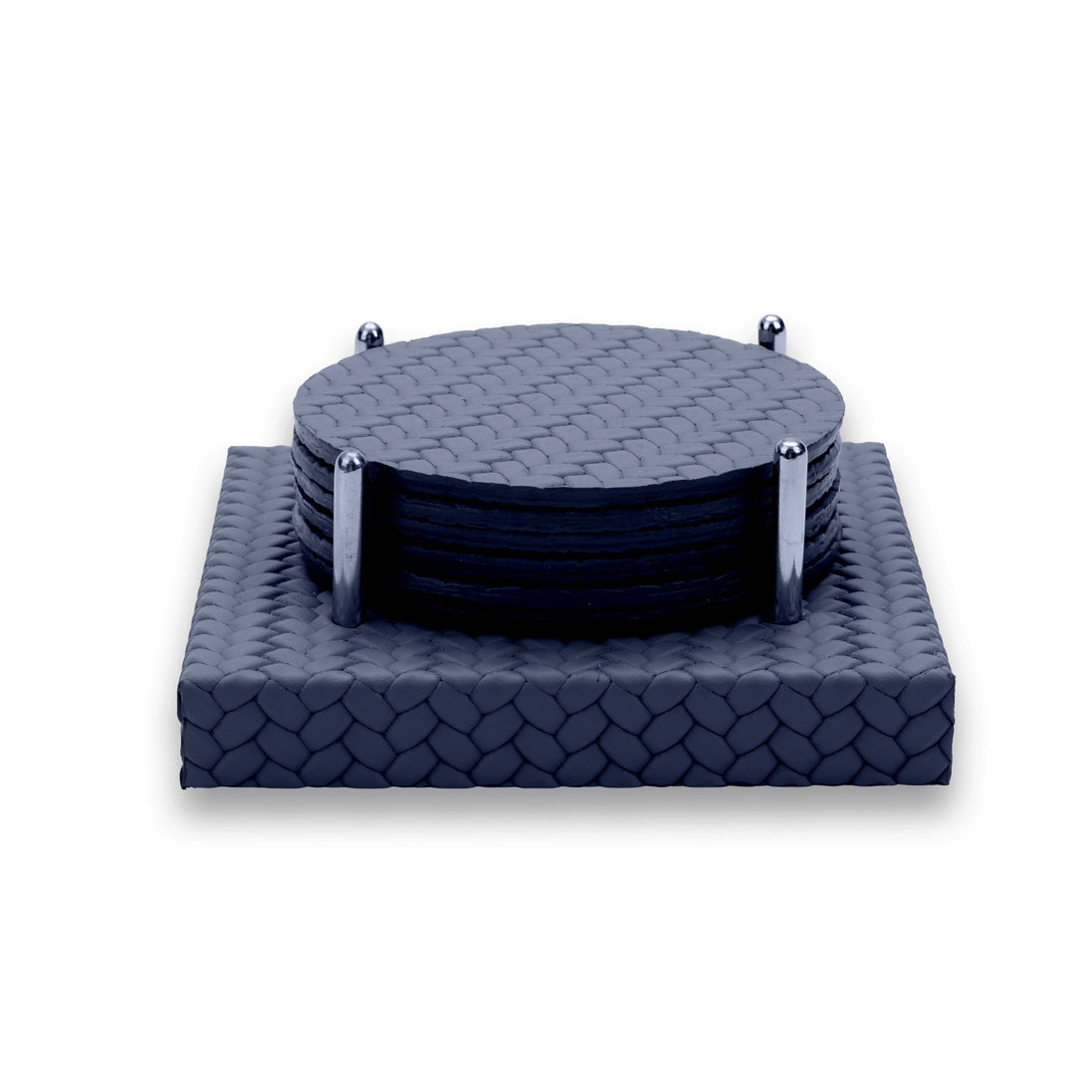 Navy Ø 10 cm leather coasters stacked between four polished steel corner rods on a square leather base