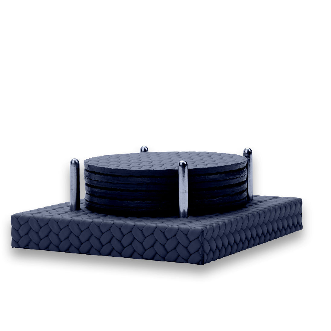 The navy coaster stack from a low angle, steel corner rods in profile beside the edge-on 10 cm discs
