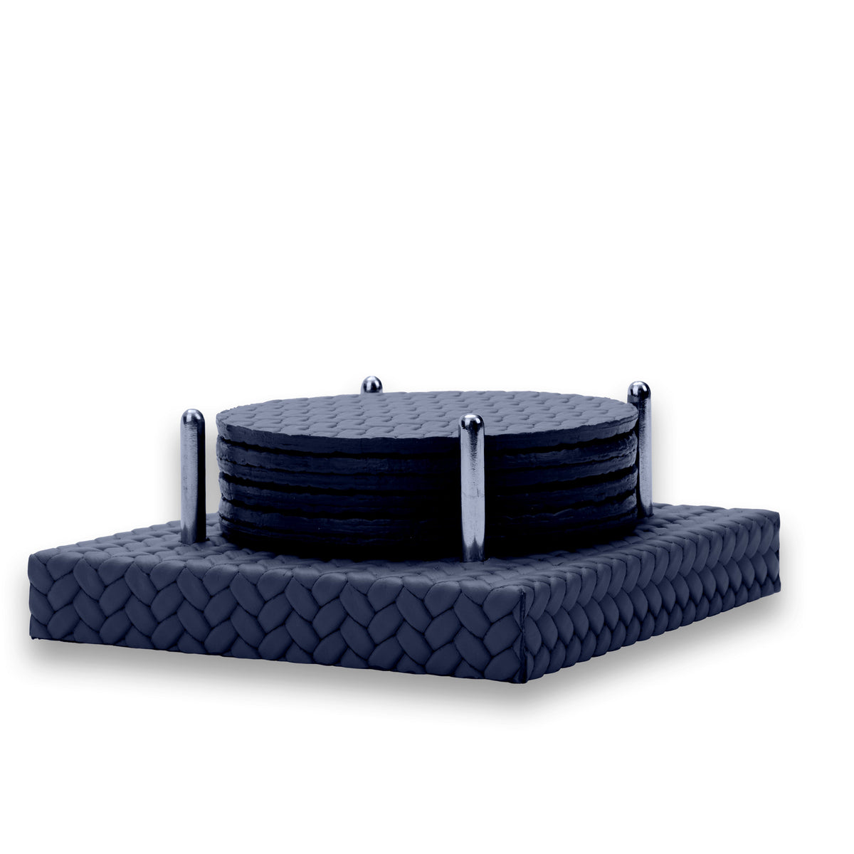 The navy coaster stack from a low angle, steel corner rods in profile beside the edge-on 10 cm discs