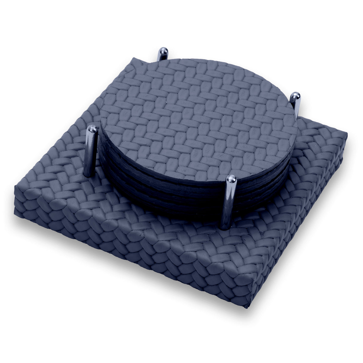 Close from above on the navy set, top coaster and the woven-embossed base framed by the steel rods