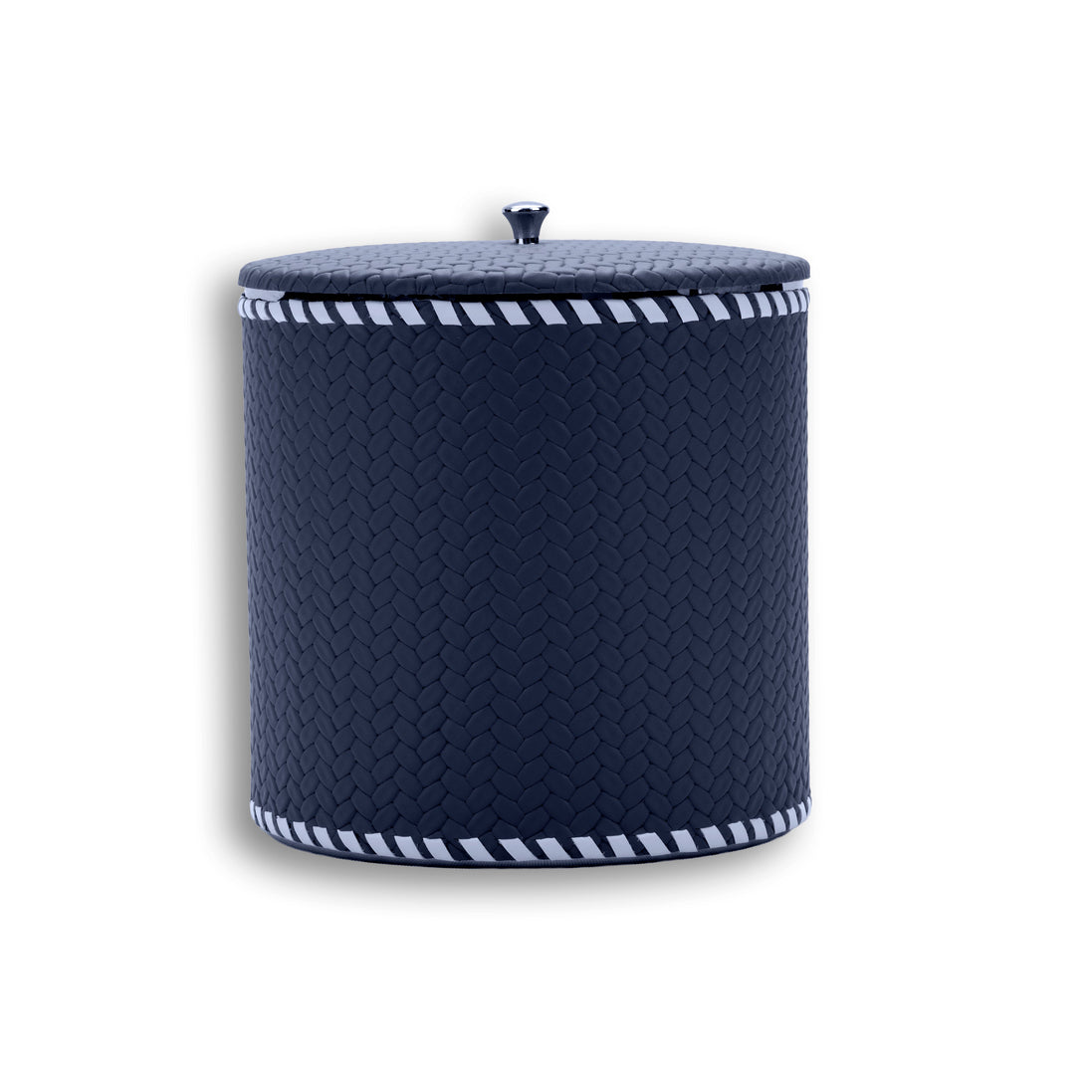 Navy woven-embossed leather, pale lacing tracing the seam where the lid meets the 17 cm body