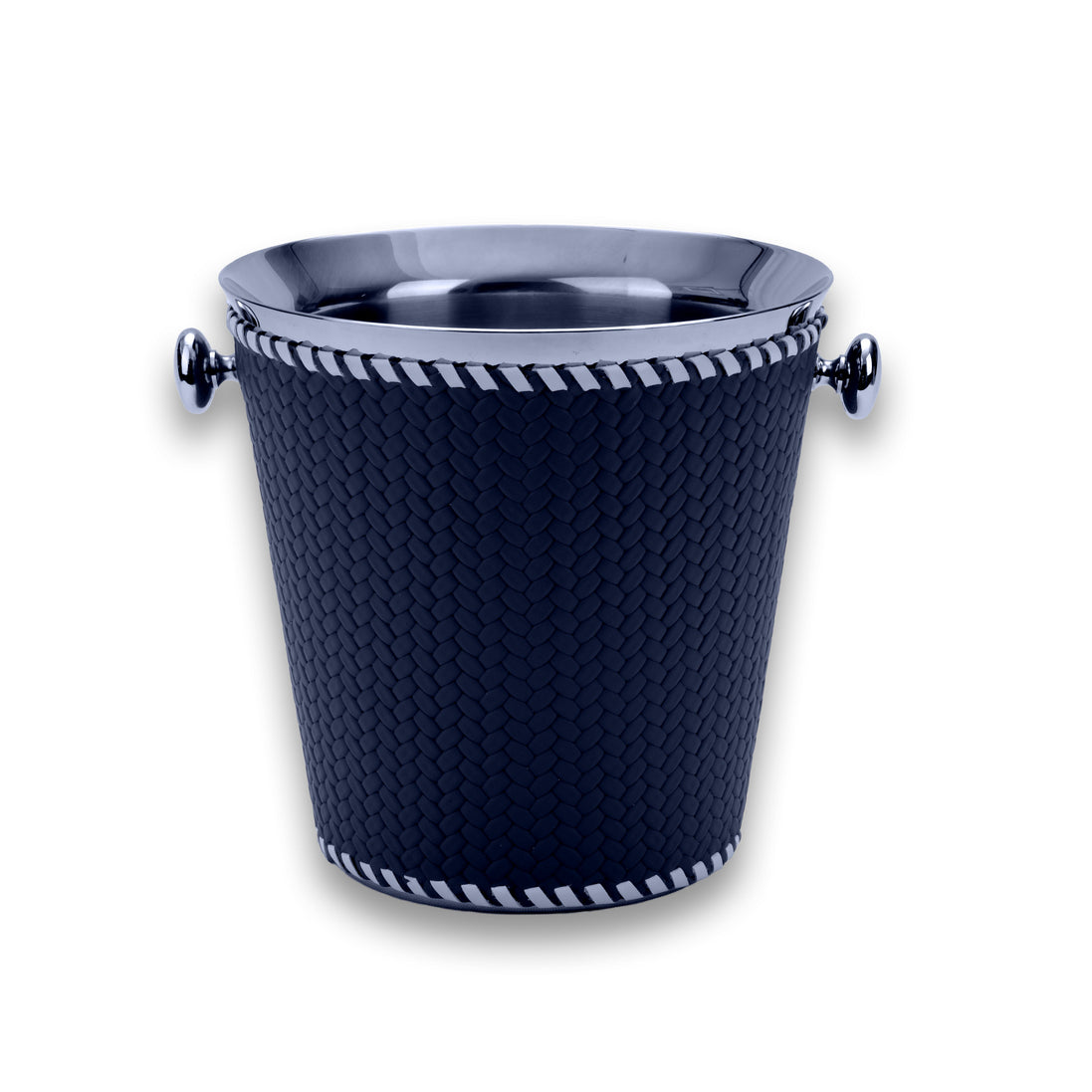 Navy leather sleeve tapering toward the base of the 19.5 cm bucket, a knurled metal knob handle at each side