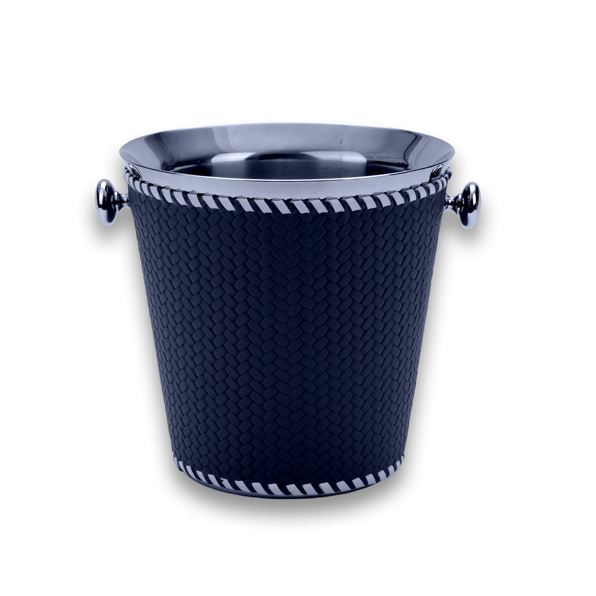 Navy leather sleeve tapering toward the base of the 19.5 cm bucket, a knurled metal knob handle at each side