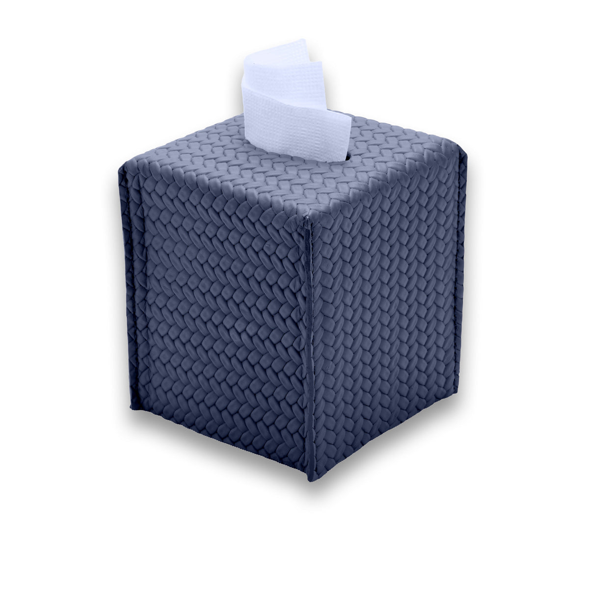 Navy 11.5 × 11.5 × 13.5 cm upright tissue cover, a tissue drawn through the opening in its woven leather top