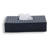 Navy 24 × 13 × 6 cm slim tissue cover from the left, tissue drawn through the cut opening
