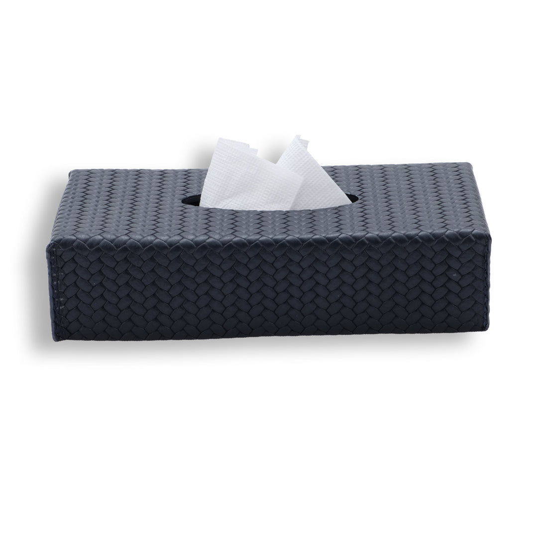 Navy 24 × 13 × 6 cm slim tissue cover from the left, tissue drawn through the cut opening