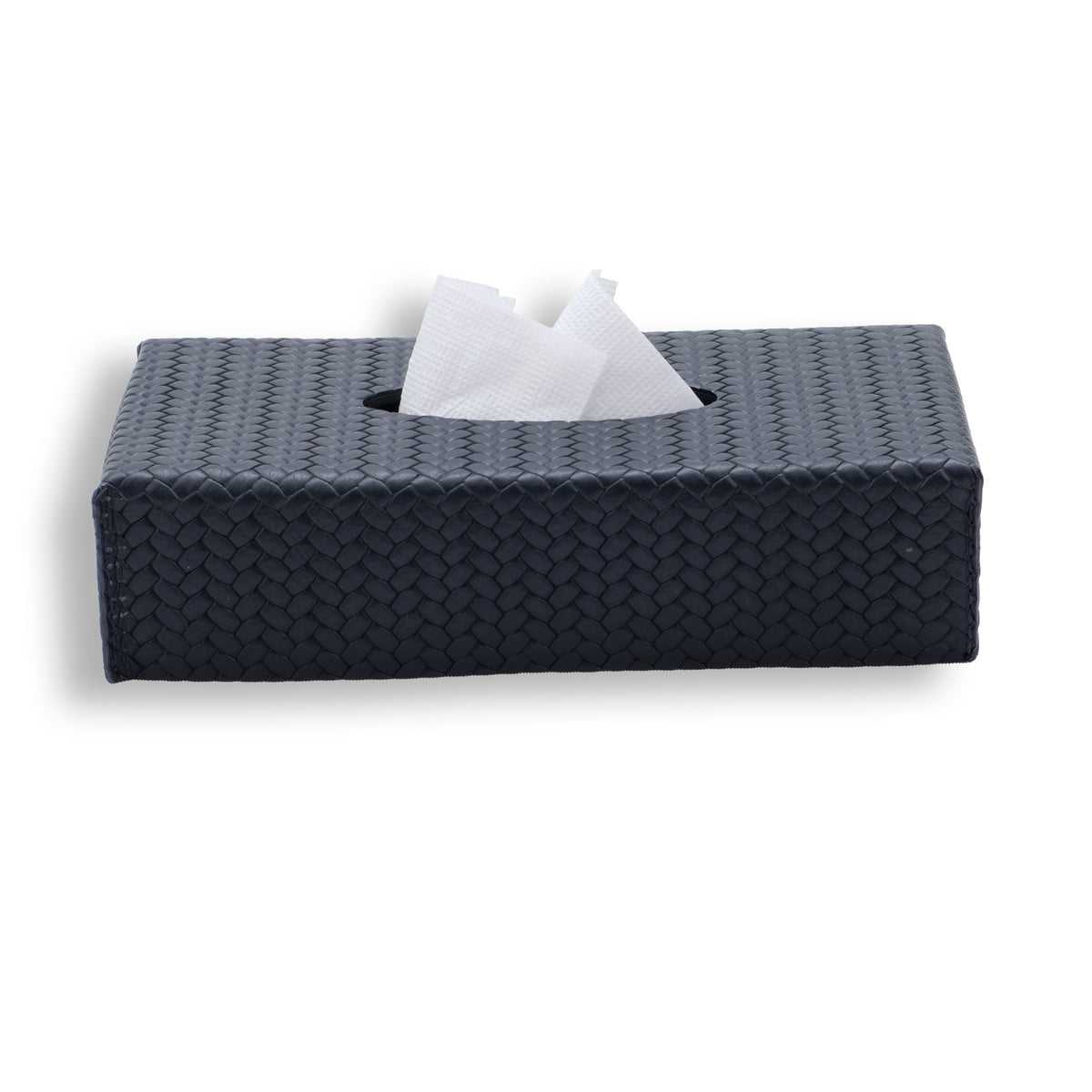 Navy 24 × 13 × 6 cm slim tissue cover from the left, tissue drawn through the cut opening