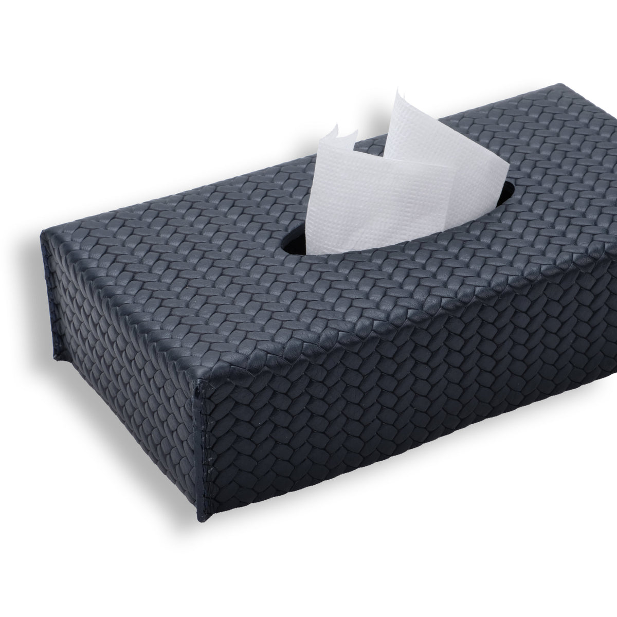 The navy slim cover closer in, woven-embossed leather across the 24 cm top face