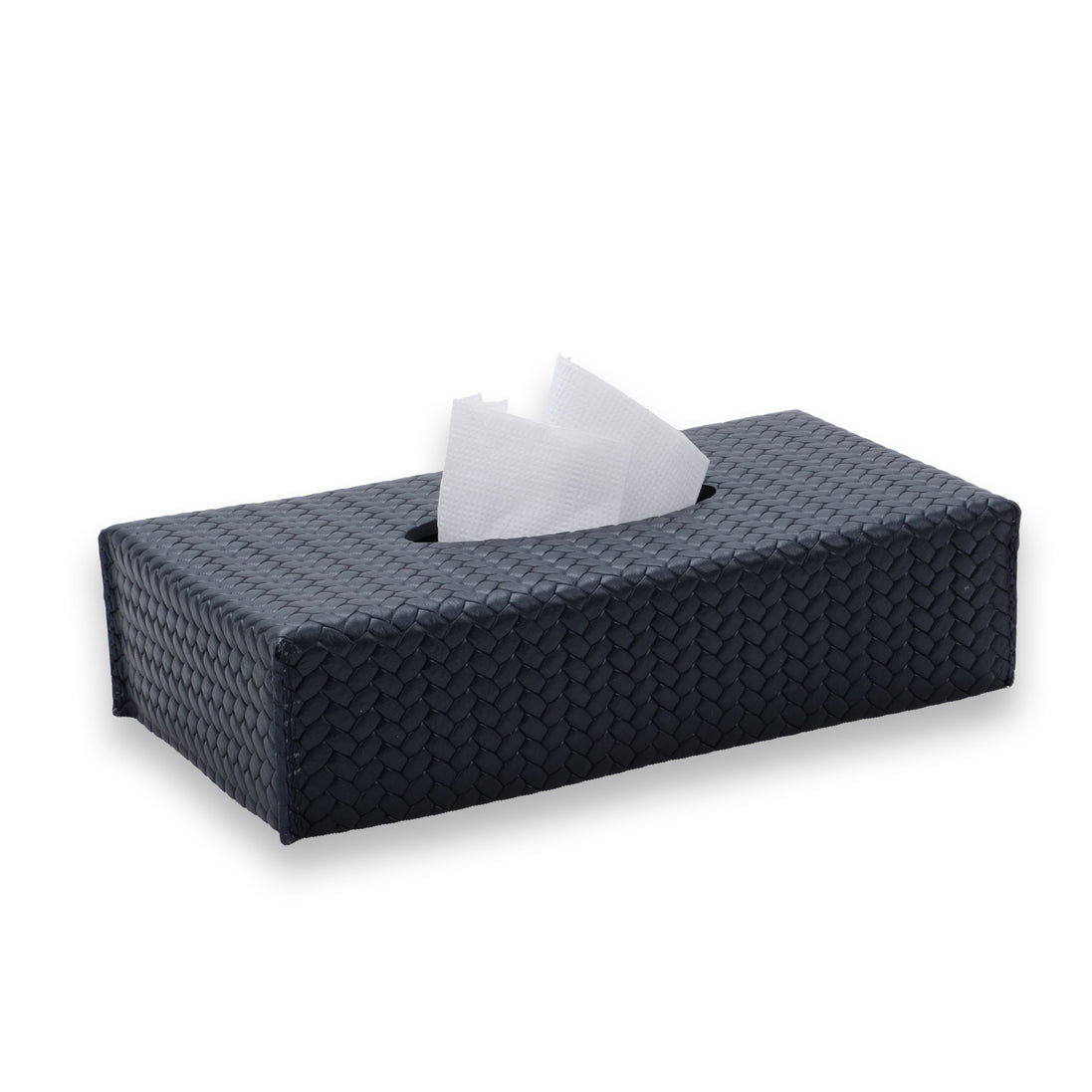 Navy 24 cm tissue cover seen more front on, its 6 cm profile low against the surface