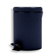 Navy bin from the right with the chrome lid hinge arm exposed, 20 cm leather-covered body