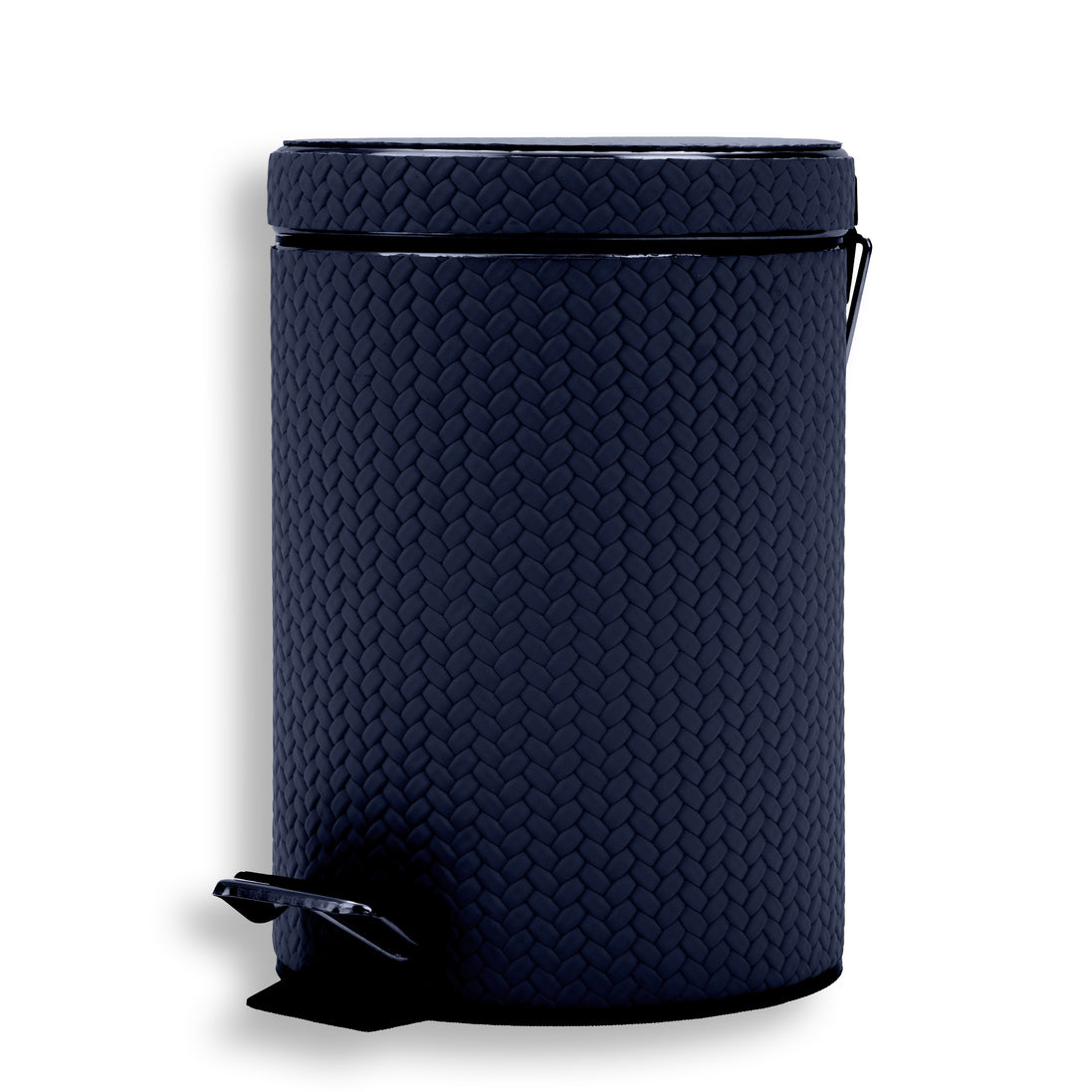 Navy bin from the right with the chrome lid hinge arm exposed, 20 cm leather-covered body