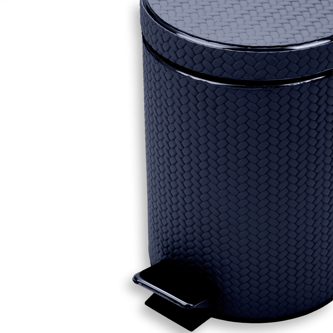 Close on the navy bin's shoulder and lid, woven-embossed full-grain leather filling the frame