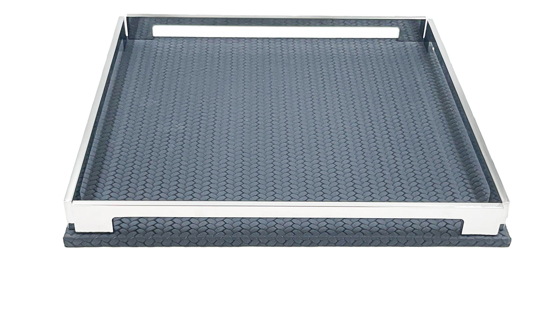 Navy blue 37 cm tray from low down, the front rail crossing the frame above the woven leather base