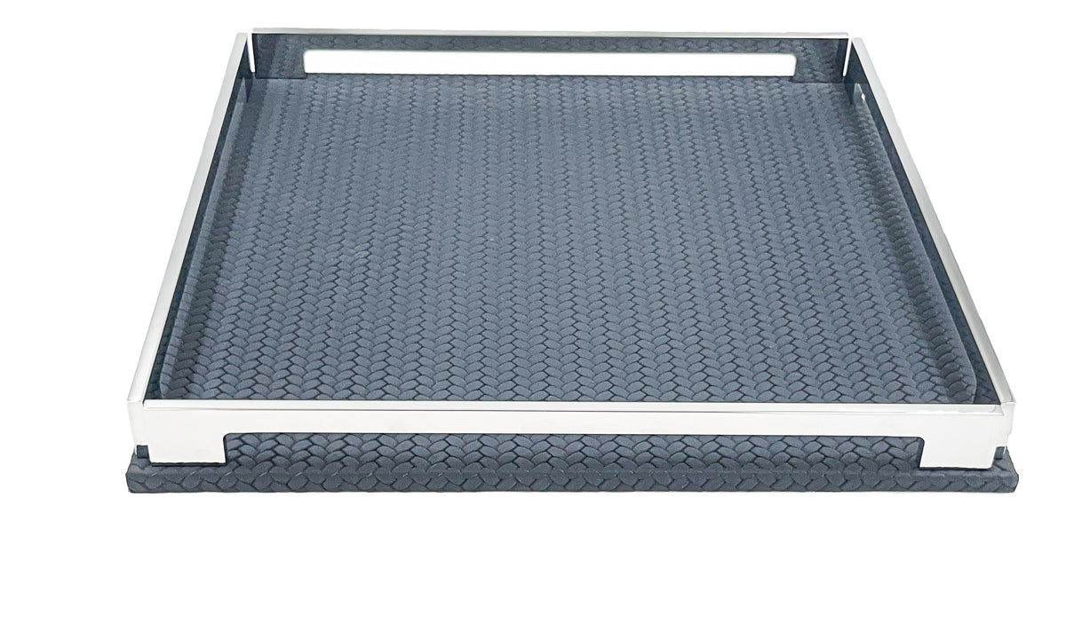 Navy blue 37 cm tray from low down, the front rail crossing the frame above the woven leather base