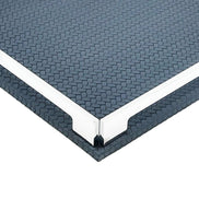Corner of the navy 37 cm tray close up, two steel rails meeting at the polished bracket over the leather weave