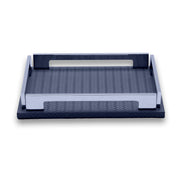 Navy blue 25 × 19 cm tray, complete silhouette with both steel handle openings above the leather base