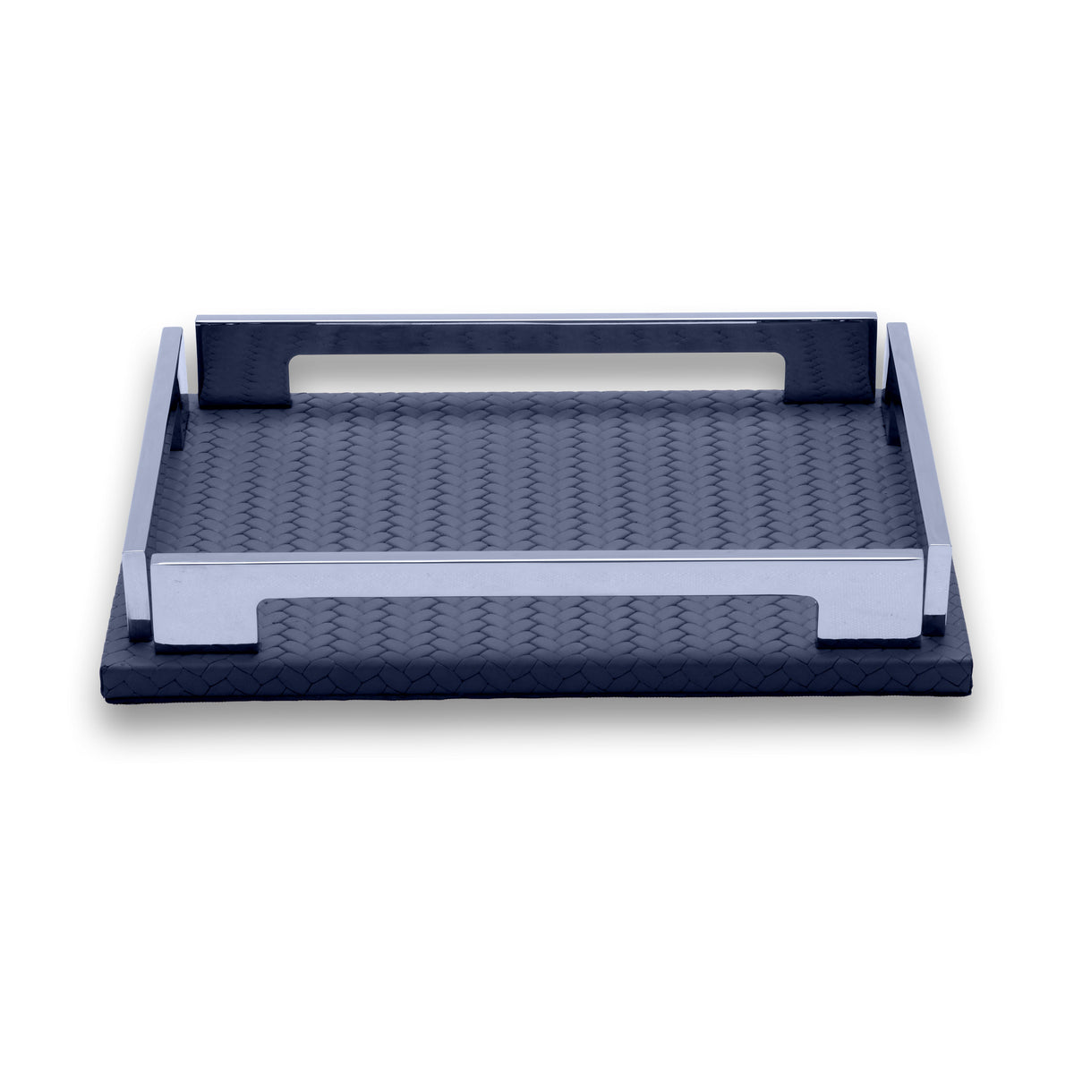 Navy blue 25 × 19 cm tray, complete silhouette with both steel handle openings above the leather base
