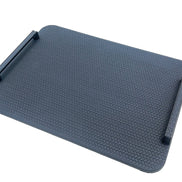 Navy blue 48 cm tray at an angle, one black steel handle raised at the far corner over the woven leather