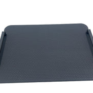 Navy 48 × 36 cm tray seen square on, both black steel handles standing clear of the full-grain leather