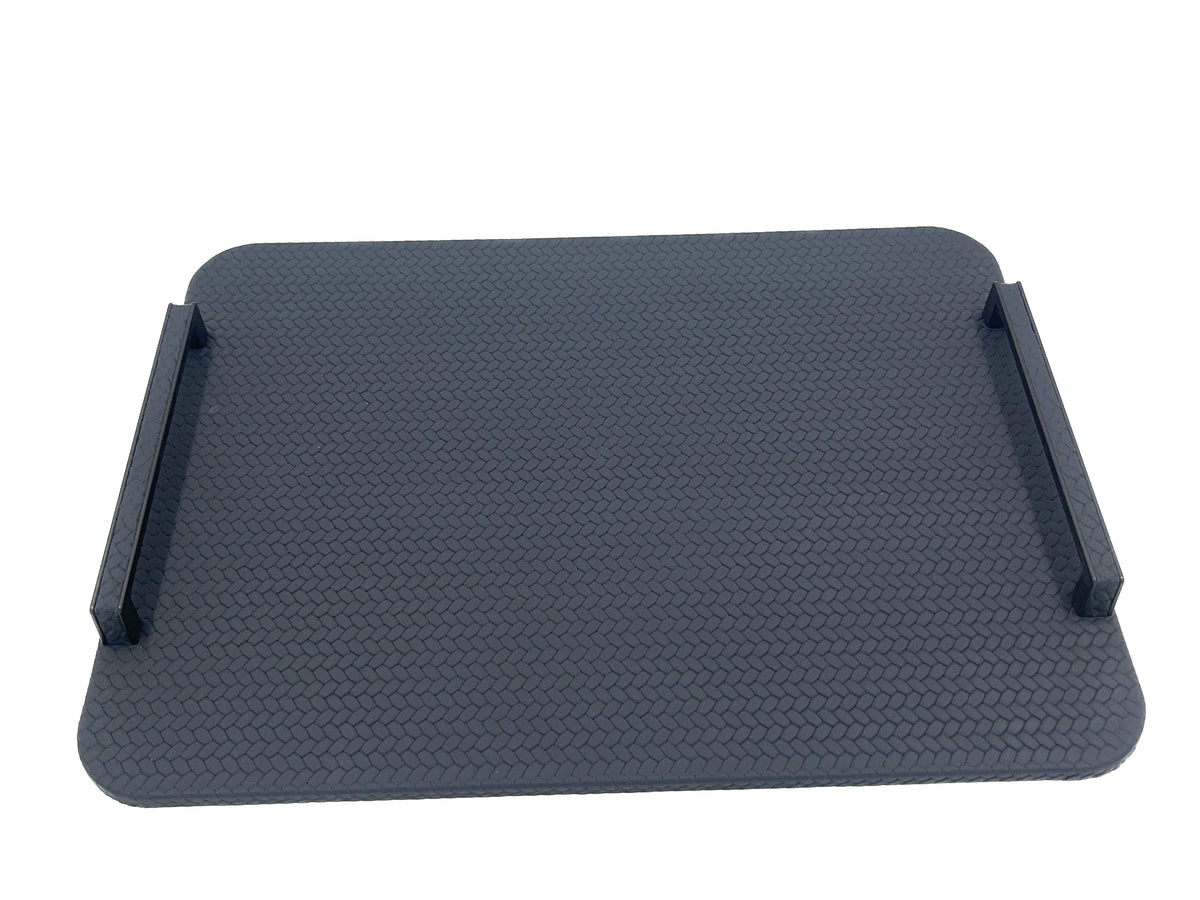 Navy 48 × 36 cm tray seen square on, both black steel handles standing clear of the full-grain leather