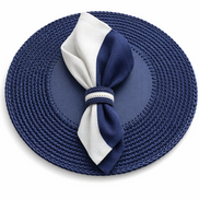 Navy 36 cm placemat, a navy and white napkin drawn through a cord ring over the leather centre