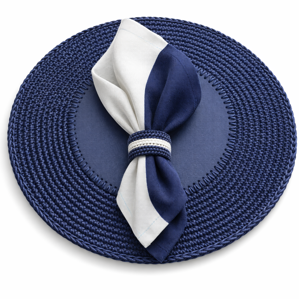 Navy 36 cm placemat, a navy and white napkin drawn through a cord ring over the leather centre