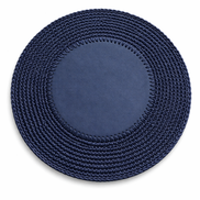 The 36 cm placemat in navy from above, whipstitching joining the leather centre to the cord border