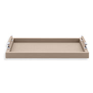 Beige 45 × 32 cm serving tray face on, leather-wrapped handle rails on polished steel posts at both ends