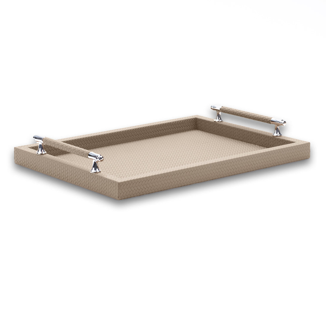 Beige 45 cm tray from above left, 3.5 cm woven-embossed sides and both handle rails in view