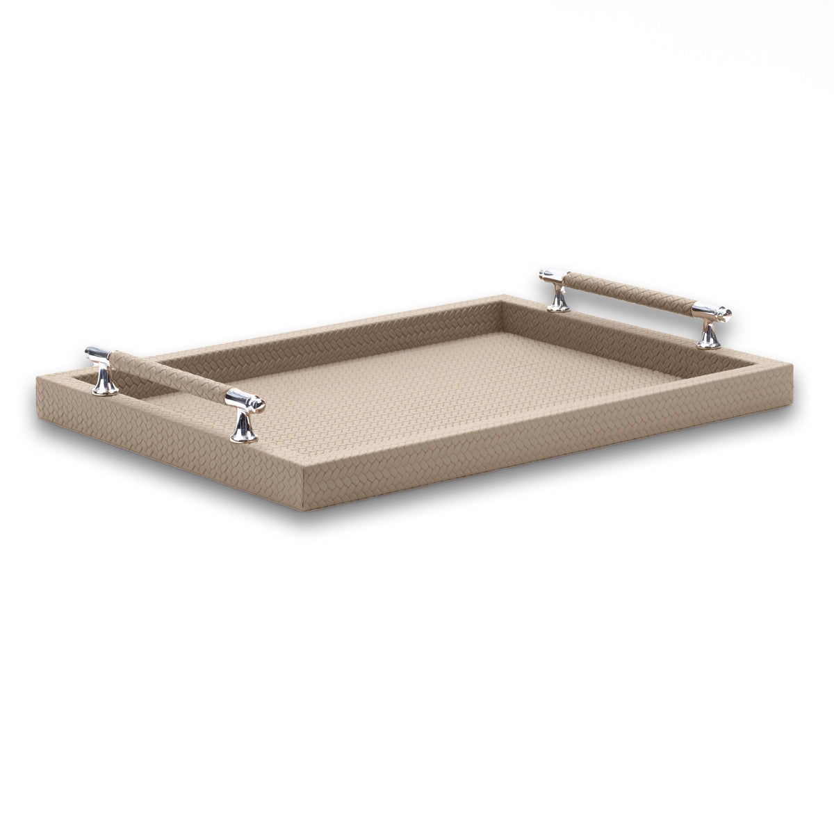 Beige 45 cm tray from above left, 3.5 cm woven-embossed sides and both handle rails in view